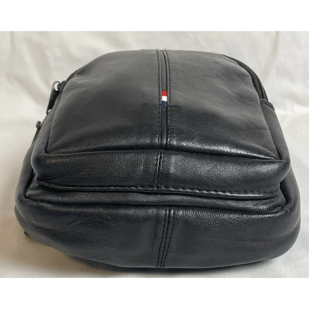 Y2K Genuine Leather Sling Bag Unisex Small Black Multiple Pockets Travel Casual